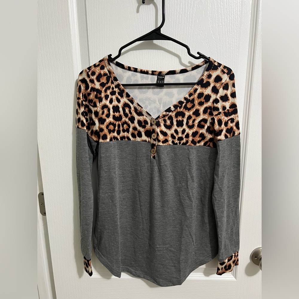 SHEIN long sleeve cheetah print and grey shirt